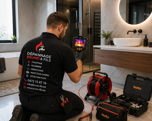 Technicien Dépannage Bruno & Fils en recherche de fuite à la caméra thermique dans une salle de bain à Bruxelles